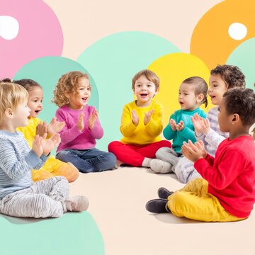 group of playgroup kids sitting in a circle clapping hands joyful moment colorful clothes preschool setting isolated on soft pastel background