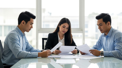 Malaysian team reviewing printed materials at clean meeting table