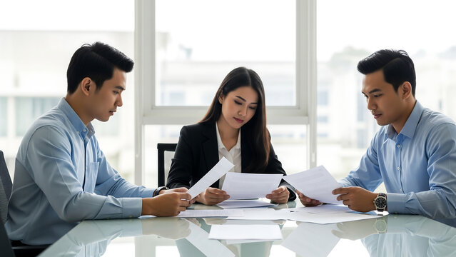 Malaysian team reviewing printed materials at clean meeting table