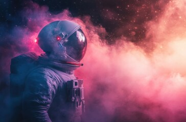 Side profile of an astronaut inside a vibrant interstellar dust cloud