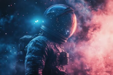 Side profile of an astronaut inside a vibrant interstellar dust cloud