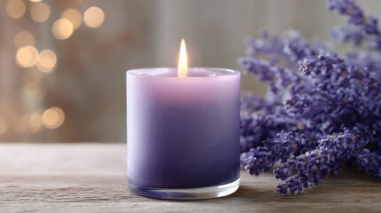 A scented lavender candle provides relaxing aromatherapy for wellness and comfort