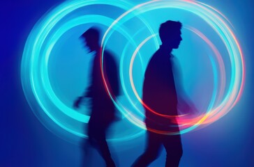 Stylized panning motion image of two male figures, shadowed and surrounded by gentle glowing neon circles