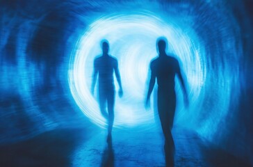 Stylized silhouettes of two men, motion-blurred in a surreal blue gradient field