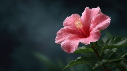 Fototapeta premium A single beautiful pink hibiscus flower in full bloom with green leaves symbolizes natural elegance and botany