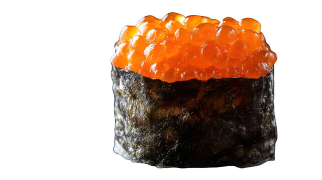 A single piece of gunkan maki sushi topped with vibrant fish roe isolated on white background