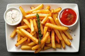 Top-down view of golden-brown thick-cut crispy French fries served in a white ceramic plate