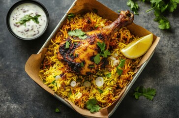 Top-down view of chicken biryani served in a small paper tray