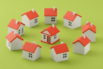 Fototapeta premium Money coins are surrounded by houses. The corporation of housing estates for raising funds for repair and improvement of infrastructure and landscape.