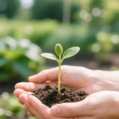 Hands holding seedling with soil outdoors
