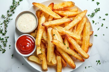 Top-down view of golden-brown thick-cut crispy French fries served in a white ceramic plate