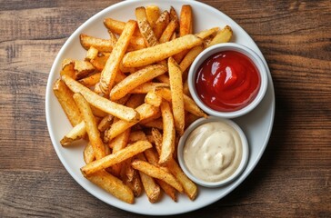 Top-down view of golden-brown thick-cut crispy French fries served in a white ceramic plate