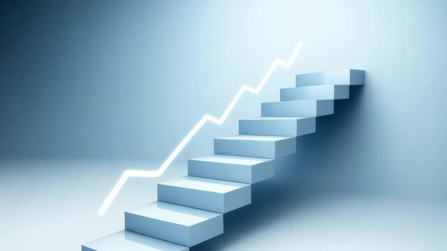Rising white arrow and blue stairs symbolize upward growth progress success business development with glowing minimalist staircase in modern abstract setting for motivation and achievement