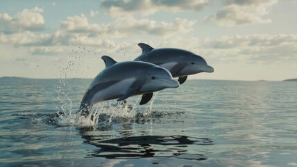 Obraz premium Two dolphins leaping joyfully from the ocean water with splashes and a cloudy sky
