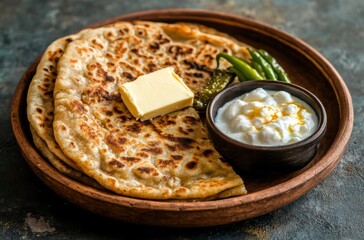 Traditional North Indian breakfast of aloo paratha with butter