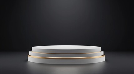 Modern podium or pedestal display with platform concept on dark background. Blank shelf stand for showing product. 3D rendering