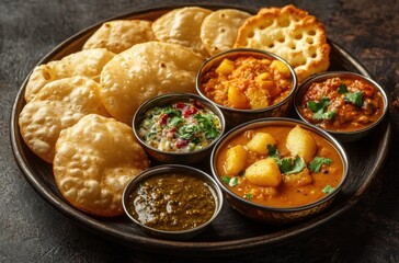 Vibrant Indian breakfast thali featuring puris, potato curry