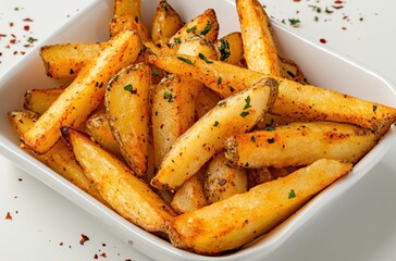 Well-seasoned thick fries with golden crispy edges, arranged in a clean white dish