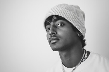 Young Indian hip-hop lover, beanie over eyebrows, relaxed street style