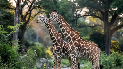 Obraz premium Two giraffes standing close together in a lush green forest during golden hour