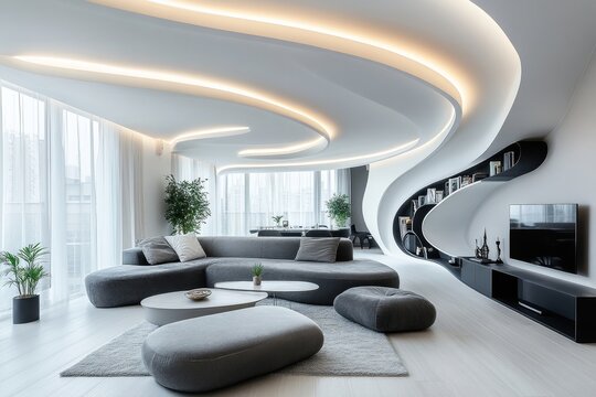 Abstract wavy ceiling in a futuristic interior design of a modern living room, combining innovative architectural shapes with bold design elements, Generative AI