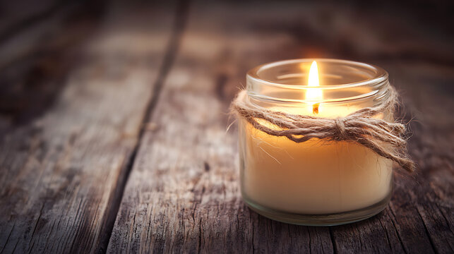 soy wax candle in glass jar on distressed old wood, cozy rustic style, warm earthy colors, farmhouse vibe.
