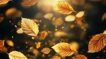 Golden leaves falling from the sky during autumn season