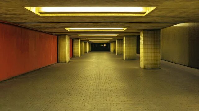 Underground corridor with tiled pillars and walls illuminated by yellow lighting, creating calm and quiet atmosphere in empty passageway with moody urban perspective view