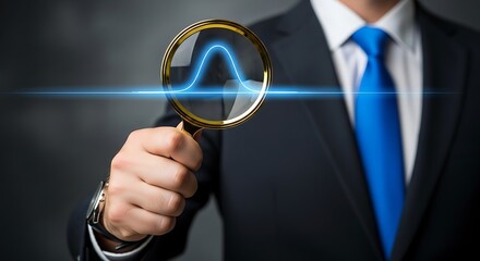 Businessman examining a glowing blue probability distribution curve through a magnifying glass