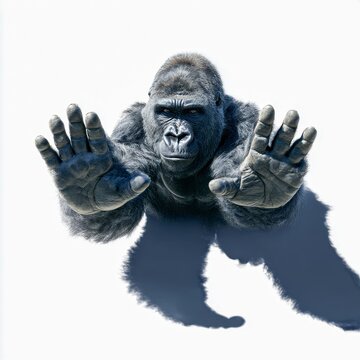 gorilla holding out both hands in stop gesture sharp shadow intense focus white background