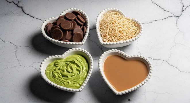 Four heart shaped bowls filled with chocolate chips thin noodles green cream and caramel sauce - Powered by Adobe