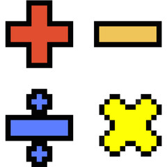 Pixel arithmetic symbols icon vector, showcasing basic math operations in an 8-bit style. Ideal for educational content, gaming interfaces, or retro computing themes.