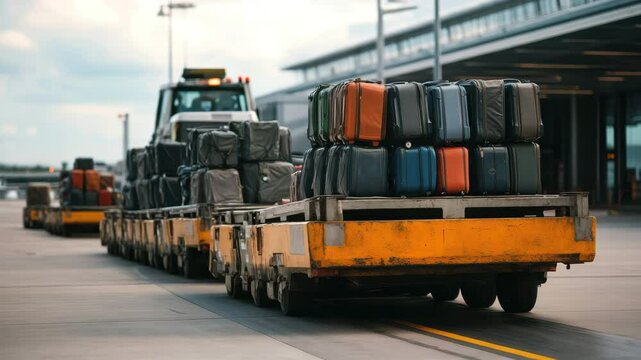 Luggage cart carrying colorful suitcases and baggage on airport tarmac near terminal, travel transportation vehicle stacking bags for efficient airport travel preparation