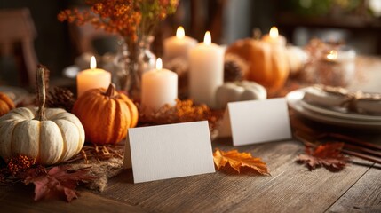 Elegant Thanksgiving Table Setting with Blank Thank-You Cards at Each Place Enhancing Gratitude and Holiday Spirit