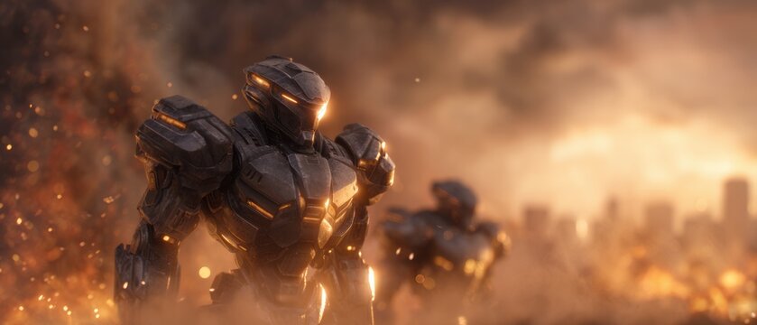 Futuristic robot soldiers stand guard in a city under siege during an apocalyptic war - Powered by Adobe