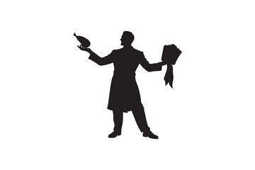 Silhouette of a Waiter Balancing a Roast Chicken and Holding a Napkin Isolated on White Background Representing Culinary Service and Fine Dining Experience