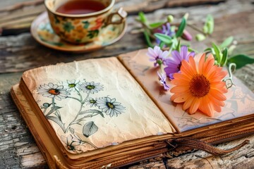 Fototapeta premium handdrawn mindfulness journal with flowers and teacup ink textures .