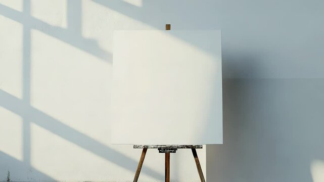 Blank canvas on wooden easel with sunlight from window illuminating art studio