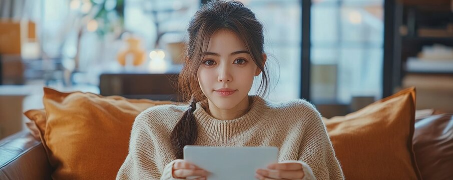 Sick day at home. Asian woman checking her temperature at home to monitor her condition, Generative AI - Powered by Adobe