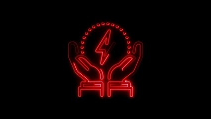 Red neon hands protecting lightning bolt symbol against black background