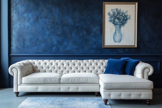 Elegant tufted corner sofa against a dark blue stucco wall, with ample copy space to enhance the living rooms design, Generative AI