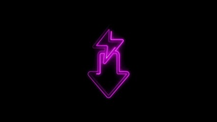 Purple neon light arrow symbol illustrating downward movement of energy concept