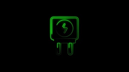 Green neon fuse box icon on black background illustrating electricity and power safety