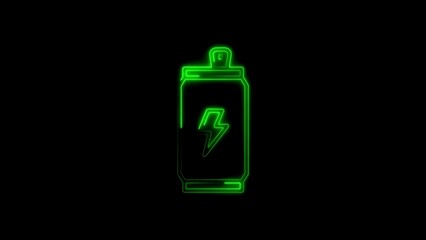 Green neon illustration of an energy drink can with lightning bolt symbol on black background