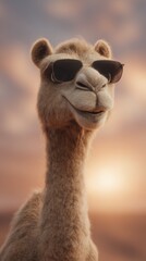 Obraz premium This cool camel with sunglasses smiles for a funny animal portrait with a humorous personality