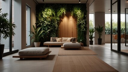Open Zen-Inspired Lounge with Vertical Plant Wall, Floor Cushions, and Soft Neutral Tones