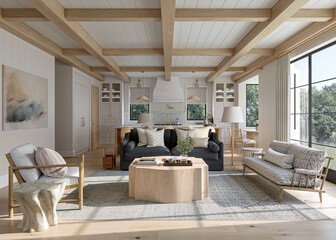 Open Concept Scandinavian Living Room and Kitchen Interior With Wooden Beams and Modern European Farmhouse Style Design
