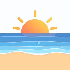 Naklejka premium Vibrant Cartoon Sunrise Over Ocean Waves and Sandy Beach Scene