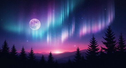 Fototapeta premium Vibrant Aurora Borealis illuminating the night sky above a mystical forest landscape