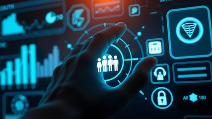 Finger touching glowing human icon on futuristic interface technology digital
